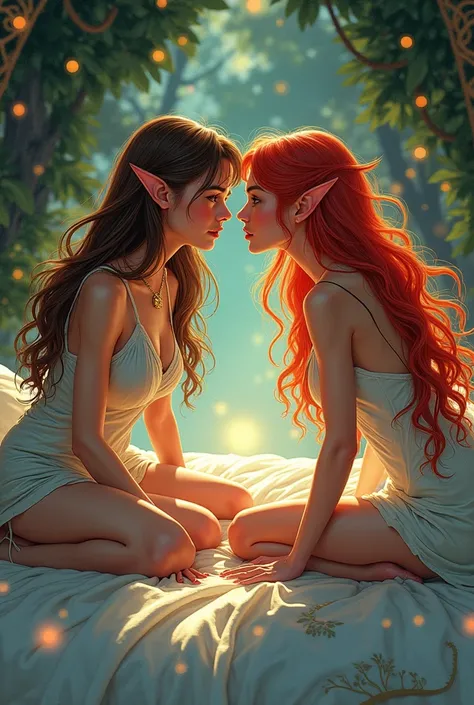 Two Elf Woman, one with Brown and the other with Red Hair, siting on either Side of the bed. 

Camera pov from the pillow     in Comic stil 