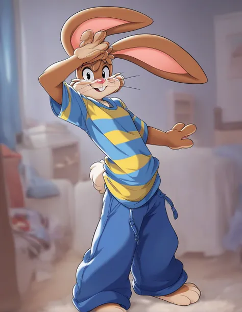 zPDXL3,quicky,4 fingers,brown fur, blue pants, blue striped shirt, French style, standing in the bedroom, young 25 year old adult, 6 feet tall, cute version of quicky, cute rabbit hair, furry, rabbit, male, femboy, eye stare, slim,solo,looking_at_viewer,