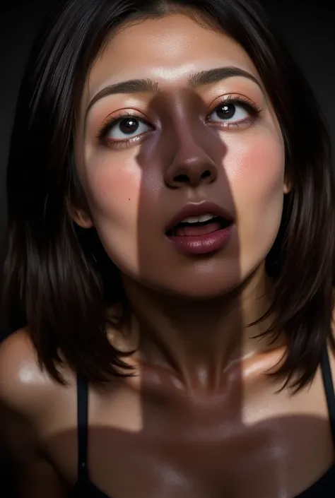  beautiful girl , Kneeling in front of viewers , ((The shadow of a big penis on her face )),  she looks up at her penis in awe,  fine facial features,  photorealistic,  dramatic lighting,  high quality, 8k,  more details, masterpiece.dilated pupils, eyebal...