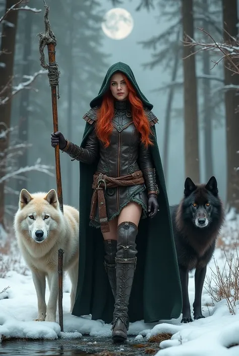 A captivating scene of a powerful sensual, fitness woman warrior martial art with red hair, standing majestically in a snow-covered forest. Clad in dark brown leather armor adorned with green accents, she wears a black hooded cape that billows gently in th...