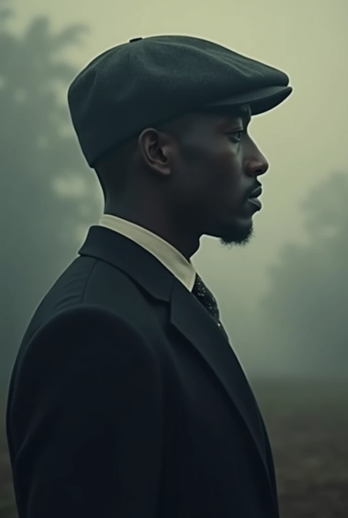 an image with a moody, vintage aesthetic featuring a side profile of a man wearing a classic flat cap and suit, against a muted, foggy background. The quote 'Sheria na Kanuni vimeficha Mafanikio yako.' should be displayed in a clear side use serif font. En...