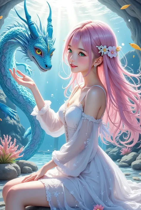 ultra-detailed, anime-style illustration, a beautiful pink-haired girl interacting with a water dragon, she has long flowing hair adorned with delicate ornaments/(her pink hair shines softly in the underwater light, flower and pearl-like accessories comple...