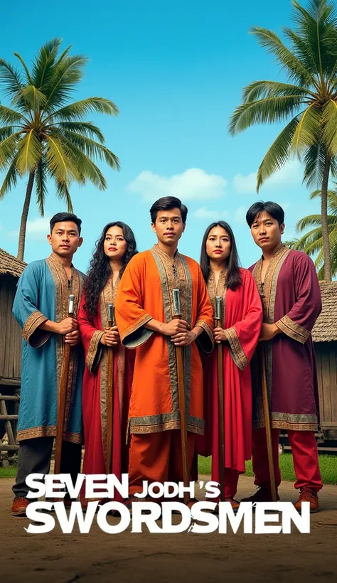 " Poster for an Indonesian comedy film titled 'Seven Swordsmen Looking for a Jodoh' .  Featuring seven main characters :  four Indonesian men and three women dressed as swordsmen Traditional with a touch of comedy.  The men wear slightly exaggerated swords...