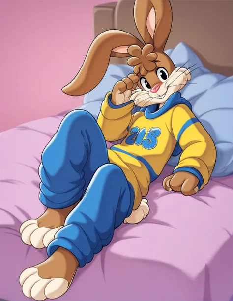 zPDXL3,quicky,4 fingers,brown fur, blue pants, yellow winter sweater, French style, sitting down on the bed in the bedroom, young 25 year old adult, 6 feet tall, cute version of quicky, cute rabbit hair, furry, rabbit, male, femboy, slim,solo,looking_at_vi...