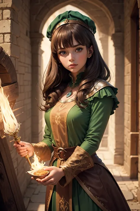 median, sorceress, Heroina del Pueblo, medieval,  green and brown clothing ,  light brown hair,  Bangs , by the light, ropa de heroína sorceress medieval