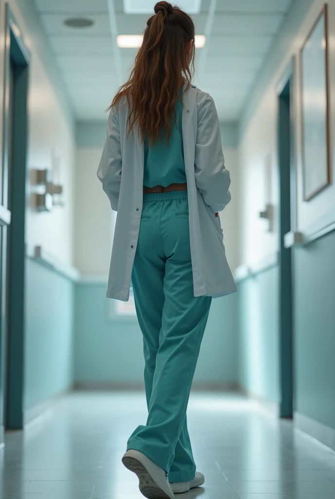 A back shot of a young female medical Practitioner, Wearing scrubs suits and slightly tight lab coat, she is unknowingly, pausing in an arousing way, completely oblivious of her sexy stance