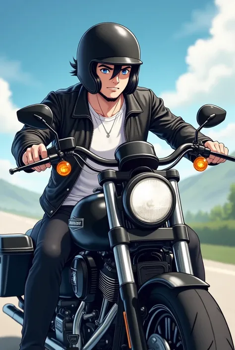 anime、 handsome、 is cool、cool、 kind、smile、 black hair、 sidecut、blue eyes , white skin、Shiny Hair、Smooth skin、Black Helmet、 black leather jacket 、 white t-shirt 、 black pants、 from the front、Harley Davidson Street glide 、 riding a Harley motorcycle、 driving...