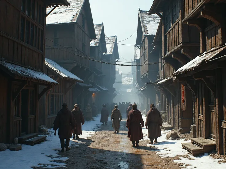 Medieval city alley, poor wooden houses on a poor dirty alley inside a medieval metropolis, medieval people walking around, 8k, masterpiece, medieval fantasy atmosphere, patches of snow in places