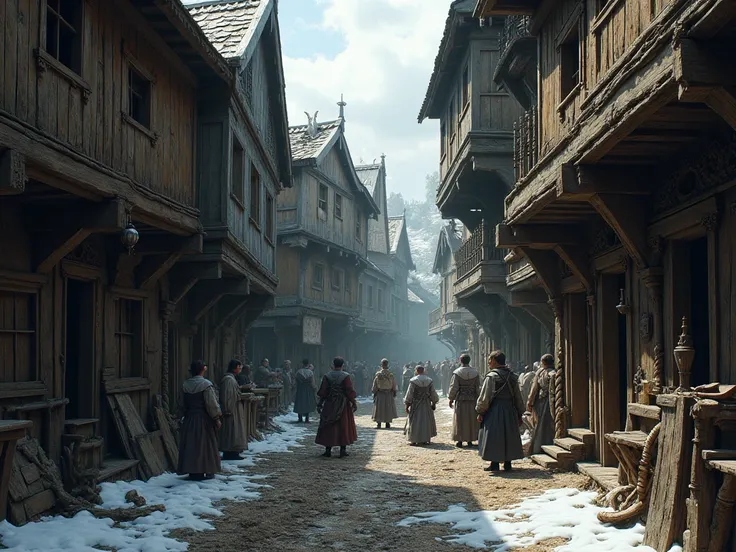 Medieval city alley, poor wooden houses on a poor dirty alley inside a medieval metropolis, medieval people walking around, 8k, masterpiece, medieval fantasy atmosphere, patches of snow in places