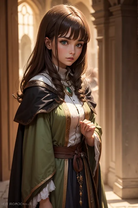 median, sorceress, Heroina del Pueblo, medieval,  green and brown clothing ,  light brown hair,  Bangs , by the light, ropa de heroína sorceress medieval,  light brown hair