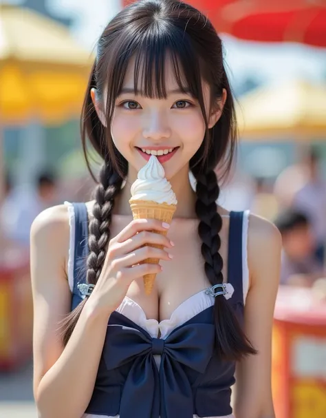 (A super cute Korean high school girl is walking while licking ice cream:1.2)(Grinning,Spreading smiles:1.2)(Big Breasts:1.1)(16k,  RAW photos ,  top quality, masterpiece: 1.2),(Glossy Black Hair Braids )  more details,  Super Resolution, (Genuine, Genuine...