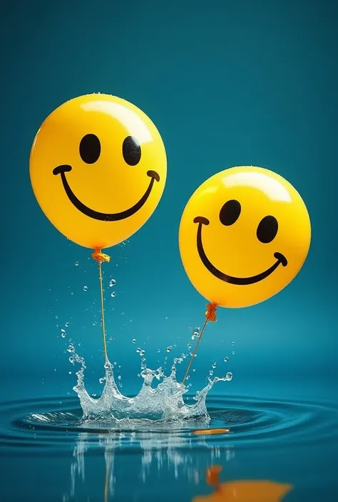 The image depicts a couple   yellow smiley-face balloon dancing  above on water. The cheerful balloon are shown with water droplets surrounding them, creating a lively and playful atmosphere. The deep blue background contrasts with the bright yellow balloo...