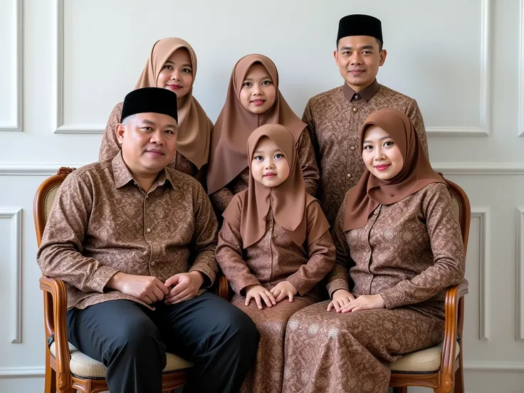 A stunning 8K UHD close-up indoor studio photograph of indonesian family, seven member. a 59-year-old slightly chubby father, wearing Short Sleeves brown batik and black pant, wearing black cap. a 45-year-old slightly chubby mother wearing brown kebaya wit...