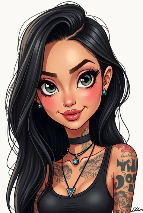 Create a simple cartoon style caricature from just a sketch of a long-haired, tattooed girl with long black hair