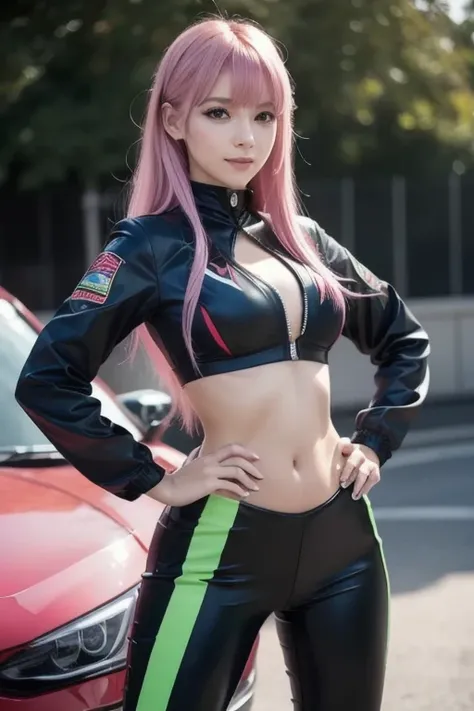  very detailed background , masterpiece,  top quality ,  One girl , Alone, ((masterpiece,  top quality )),best aesthetic,   darling in the franxx , bangs, bite, ,  covered navel ,  eyeshadow,  green eyes, Hair on the back of the head,  Hands on Hips , horn...