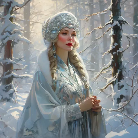 :1.2, Snow Maiden in an icy kokoshnik in the winter forest, art deco, in the style of richard burleigh, light silver and white, vines, daniel f. gerhartz, exquisite detailing, dui huynh