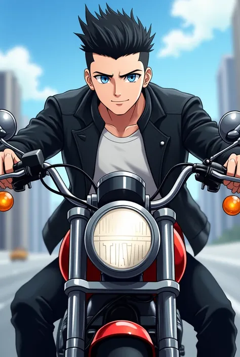 anime、 handsome、 is cool、cool、 kind、smile、 black hair、 sidecut、blue eyes , white skin、Shiny Hair、Smooth skin、 black leather jacket 、 white t-shirt 、 black pants、 from the front、Harley Davidson Street glide 、 riding a Harley motorcycle、 driving nicely 