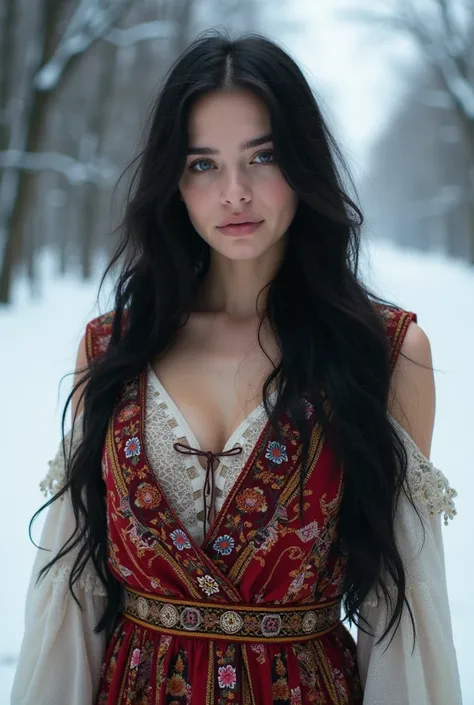 natural portrait photography, an analog film photo of a cute black long hair  white skin, blue eyes, young sexy nordic woman with huge breasts wearing a comfy traditional dress in a snowy norway city road, dof, bokeh, detailed, 8k, soft focus, 35mm