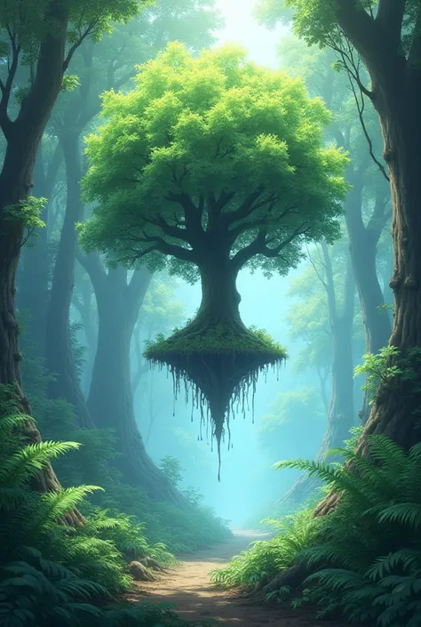 A tree flying from a hurl in the middle of the forest anime style