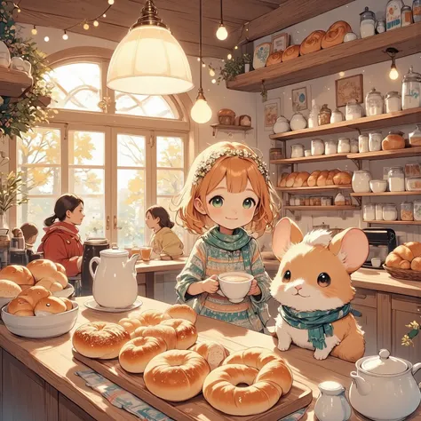 (Beneath the soft glow of morning light, a young girl, named Elara, stands behind a rustic wooden counter. Her auburn hair falls gently over her shoulders, adorned with a delicate crown of daisies. Her eyes, a deep shade of emerald, sparkle with warmth and...