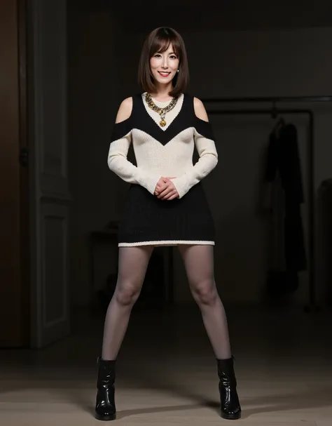 50 years old Japanese beautiful mature woman, not too thin body, glamorous body, glamorous woman, elongated face, sharp face, dark brown straight bob hair with bangs, white and black knit dress, gray tights, shiny black ankle-length boots, dim fitting room...