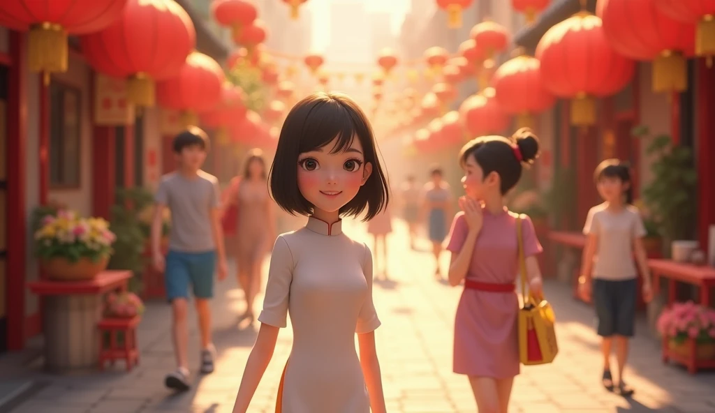 a beautiful vietnamese woman, a digital anime-style character, a 35-year-old woman with black layered bob hair that falls neatly around her face, giving her a sophisticated look, light skin, and a slim, wearing a traditional Vietnamese white ao dai, she wa...