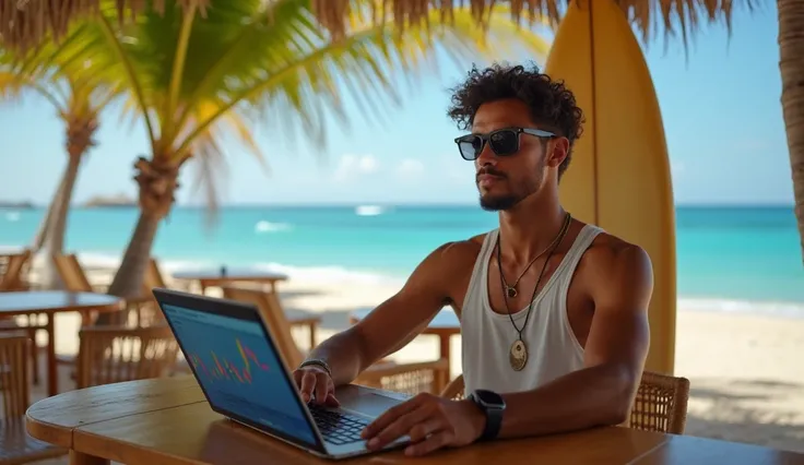 Tanned 20s man with a laptop and surfboard in background, sitting at a Bali beach café, wearing sunglasses and a casual tank top, crypto charts on screen, tropical palms, ocean waves, vivid realism.