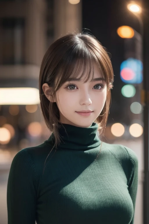 one 19 year old girl, (Dark green turtleneck thin sweater), Raw photo, highest quality, photorealistic, very delicate and beautiful, very detailed, 8K wallpaper, High resolution, soft light, very detailed目と顔, beautifully detailed nose, detailed and beautif...