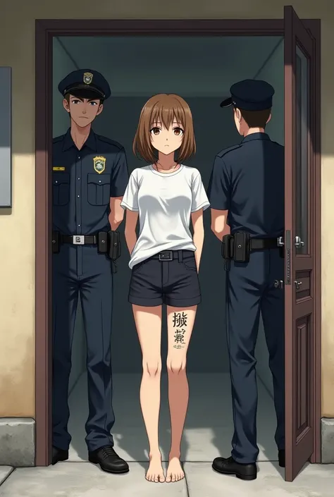  drawing an anime female criminal，tattoo on leg，barefoot，Behind the entrance of the building is wearing white short sleeves ， Black Truth Shorts in Female Criminals，Hands cuffed behind the back，There were two policemen on her arm.，front，Light brown short h...