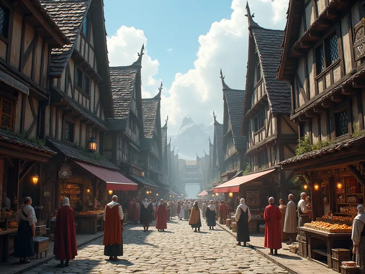 Medieval city main street, large wooden houses and merchants stands on a street inside a European medieval metropolis, medieval people walking around, 8k, masterpiece, medieval fantasy atmosphere.