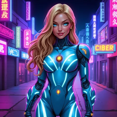 Extremely beautiful standing comic book woman who is sexy and has a sexy smile and is a half rainbow luminescent full body robot woman with long wavy blonde hair and glowing blue eyes. Neon Cyber robot suit. Big shiny pouty lips and very long eyelashes. Sh...