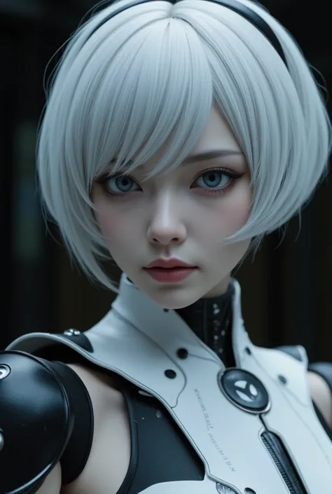 Believe me 2b of NieR real hyperrealistic automated Asian face, fitted Yorha suit,  blue eyes,  short white hair ,  headband , cinematic