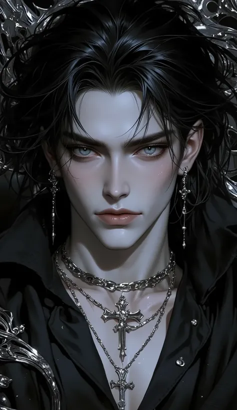 ( masterpiece:1.9, perfect details :1.9, High quality, 8k wallpaper, good complete anatomy:1.9, Perfect face:1.9), (1 man, A handsome man with pale skin ), (Dirty and disheveled moths-black, daring long hair , glowing bright gray eyes , mystical and ...