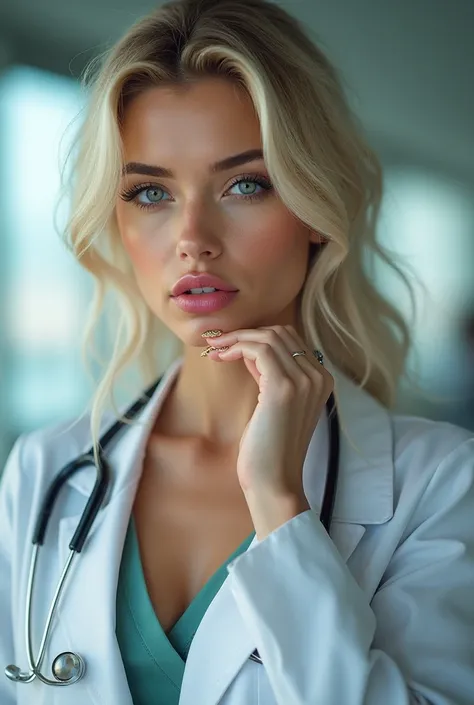 Jeune femme blonde, blue eyes, pink lipstick, gold nails, ultra sexy, doctor, canada