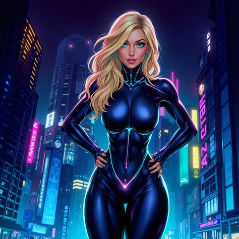 Extremely beautiful standing comic book woman who is sexy and has a sexy smile and is a half rainbow luminescent full body robot woman with long wavy blonde hair and glowing blue eyes. Neon Cyber robot suit. Big shiny pouty lips and very long eyelashes. Sh...