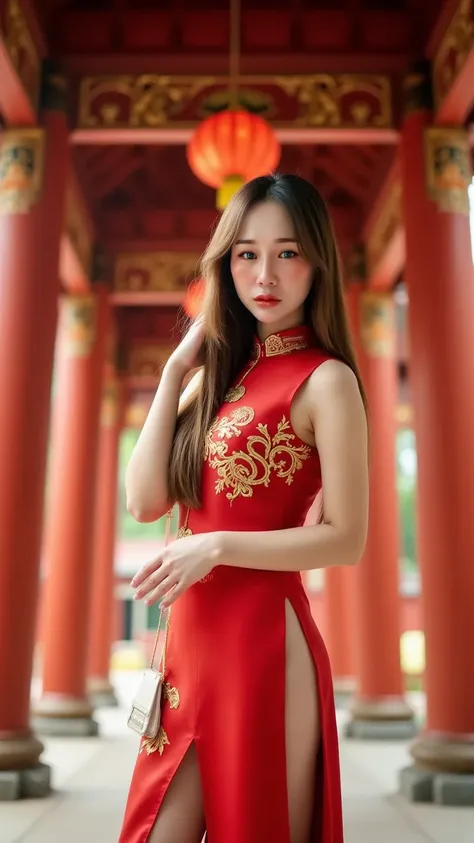 **Masterpiece, Ultra Detailed, Realism, Cinematic Quality**  
A stunning Thai idol, aged 18, exuding beauty and youthful confidence. She is wearing a striking red qipao (Cheongsam) with a high slit that elegantly reveals her toned legs, blending traditiona...