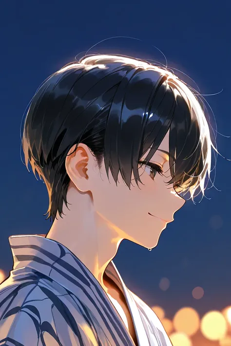  top quality, masterpiece,Alone, 1 male,   black hair,  short hair, yukata,  portrait, smile, profile,  Summer Festival