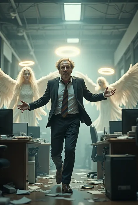 Businessman in chaos and freelamcers angels help him
