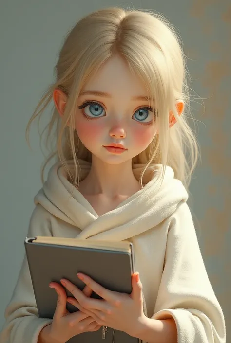 Blonde girl with light blue eyes wearing a cover holding a notebook