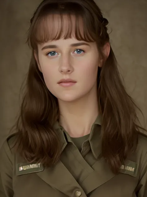 (best quality,4k,8k,highres,masterpiece:1.2),(ultra-detailed,photorealistic,photo-realistic:1.37), (((Clare))), ((wearing army uniform)), ((very large bust size))