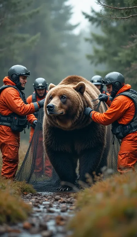 Using a special net, they carefully secure the bear to prevent it from harming itself or the team.
