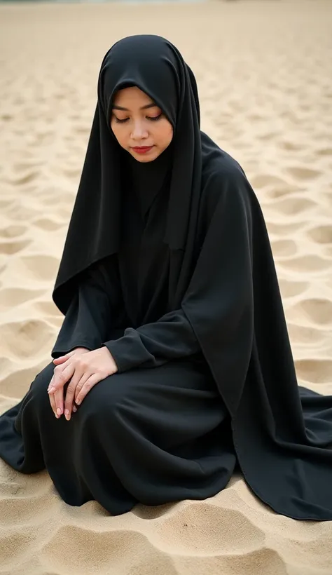 A Malay women wearing a black abaya sits on a sandy beach, appearing contemplative.

The scene is composed with the person centrally located and focused.  The person is positioned in a seated posture, and the gaze is directed downward, suggesting a moment ...