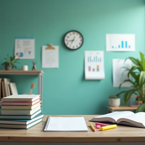 high quality, 8K Ultra HD A background for job exam preparation with a clean desk in the foreground, featuring textbooks, study notes, highlighters, and a clock showing study time. The scene should evoke a sense of concentration and focus. In the backgroun...