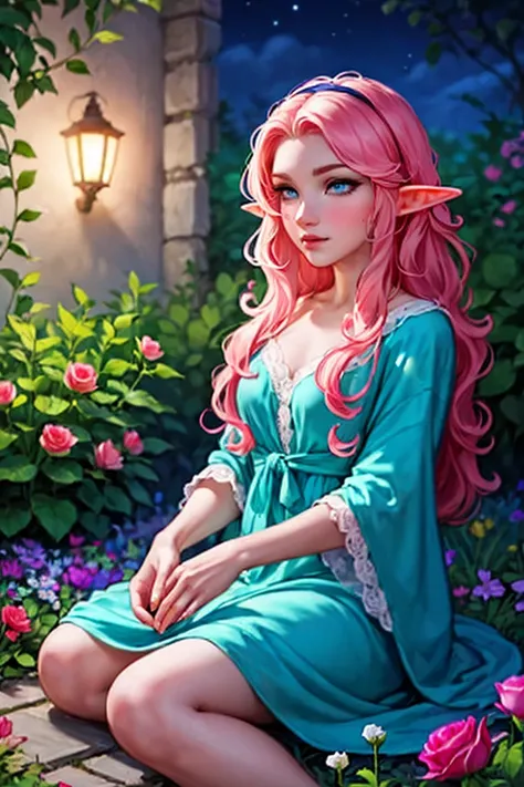 Woman, long wavy hair, blue eyes, pink hair, elf, sitting in garden, garden, rose flowers, night, flowers, sitting on the ground 