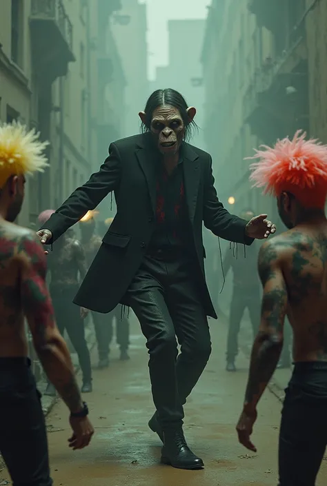 Leonardo, a young man in a black half-zombie suit wearing a sinister monkey mask, He's dancing while shooting at color-haired gays