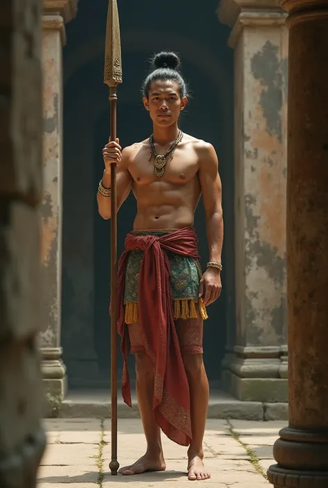 Extream long camera angle,full body,portrait of a young man,  handsome, charming, black bun hair,shirtless, fit body, wearing a warrior sarong ,wear warrior accessories,he hold a thai war spear gracefully in a aneicent stone temple , Thai art vibe, by clau...