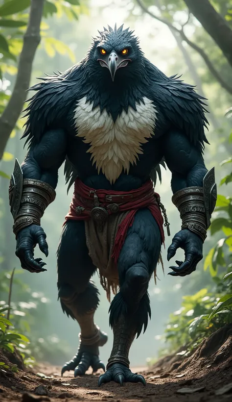 "A towering, powerful humanoid hybrid of a human and a harpy eagle, walking towards the camera with an immense, muscular frame and broad, powerful shoulders. Its entire body is covered in striking black and white feathers, with the chest, upper body, and l...