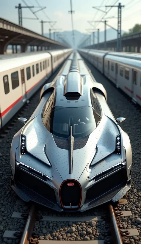 MIX OF A BUGATTI AND A BULLET TRAIN STANDING SIDE BY SDIE THE BODY WILL BE OF THE TRAIN AND DESIGN IS OF BUGATTI