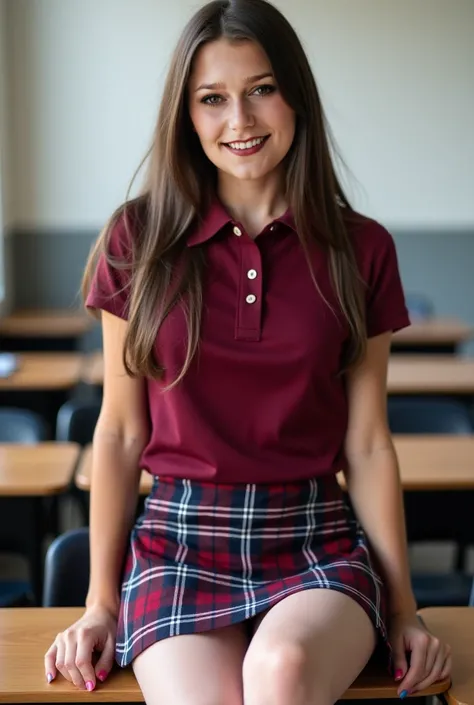 Cute young brunette woman with long smooth hair in schoolgirl outfit with a burgundy polo shirt and a burgundy and dark blue plaid mini skirt with transparent white pantyhose almost sitting on the teacher's desk in a classroom