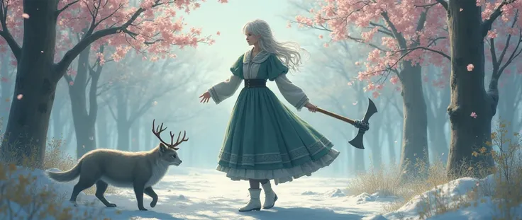  a Norwegian charcoal gray wool gown and 、Spring scenery、Anime Images、 full body image 、  full body view、 elegant pale Elegant loose waves with 、 beautiful８ year old girl, Family Runes, like,  embroidered with healing and protection ,  with knee-high stock...